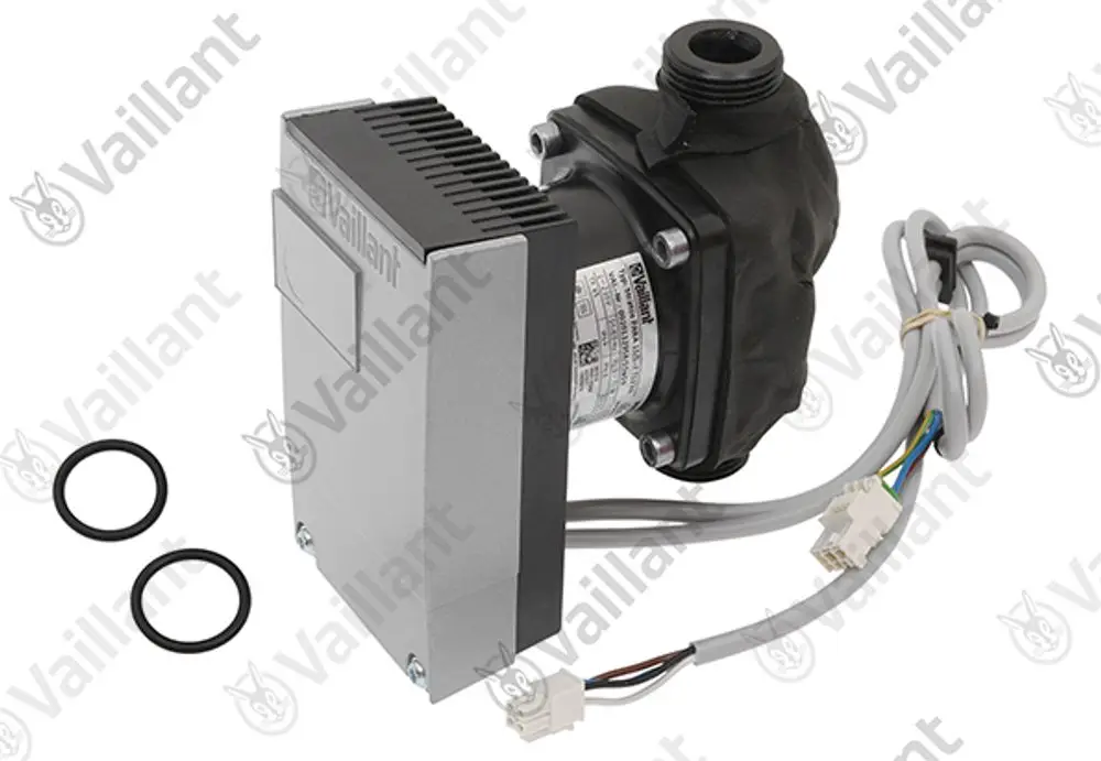 Pumpe von Vaillant mit elektrischer Steuerung, schwarzen Kunststoffgehäuse und Anschlusskabeln. Enthält zwei O-Ringe.